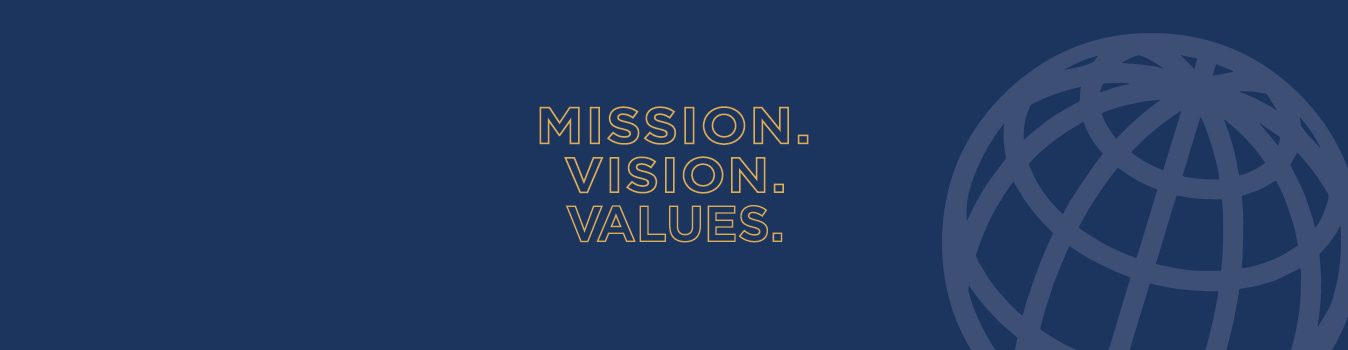 Image of globe with text Mission Vision Values